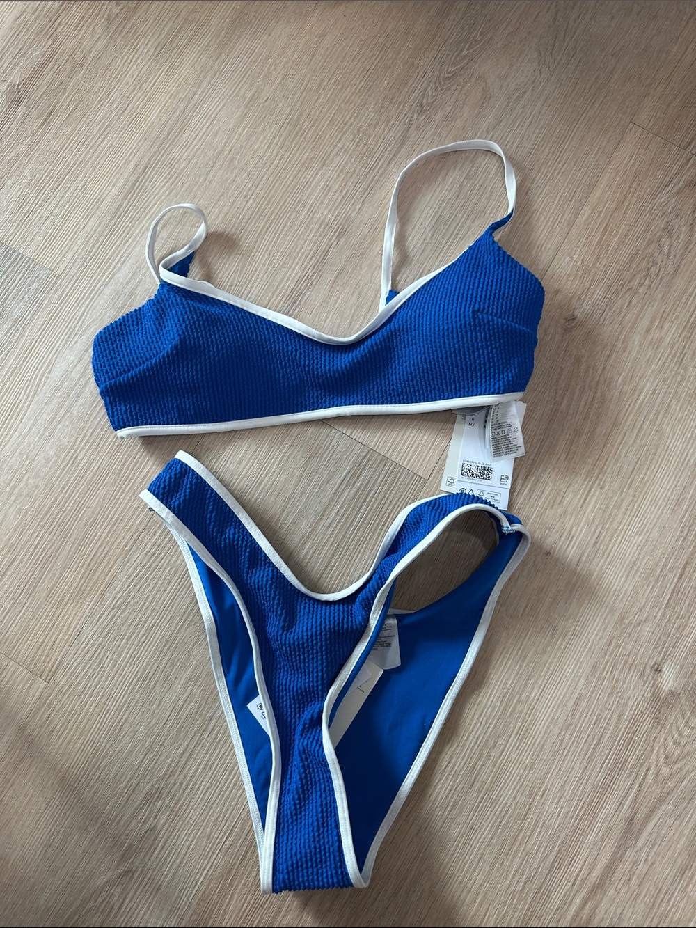 Blue Textured Bikini with White Trim